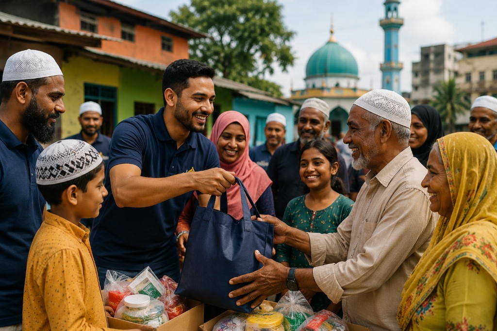 Volunteer handing aid supplies to community members with a mosque in the background